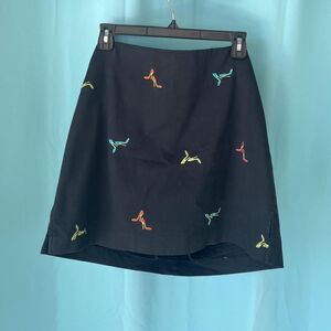 Vtg Attyre Cotton Black mini skirt W/ SHORTS & colorful heels pattern embroidery